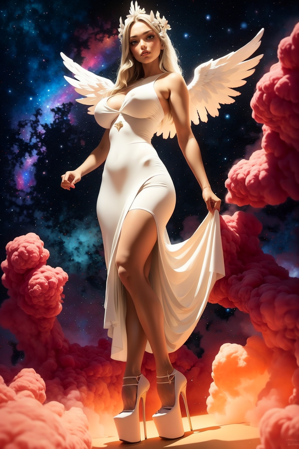 A full body photo of a beautiful and angelic 21 year old goddess with huge breasts with lots of beautiful detailed (galaxi...