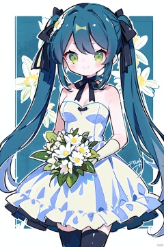 1girl, bangs, bare_shoulders, blue_dress, bouquet, breasts, character_name, cleavage, closed_mouth, daisy, dress, eyebrows_visible_through_hair, floral_background, flower, gloves, green_eyes, hair_ornament, hk416_\(girls'_frontline\), holding_bouquet, holding_flower, lily_\(flower\), lily_of_the_valley, lily_pad, long_hair, looking_at_viewer, lotus, low_twintails, mole, multi-tied_hair, ribbon, smile, solo, strapless_dress, thighhighs, vase, very_long_hair, white_flower, white_rose