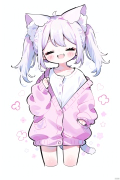1girl, solo,catgirl,cat ears,cat tail,white hair, twintails, blush, smile, shirt, white shirt, long shirt, ^ ^, brown cardigan, cardigan, closed eyes, collarbone, cropped legs, long sleeves, sleeves past fingers, sleeves past wrists, upper teeth only, teeth, white background