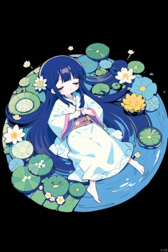  1girl, solo, long hair, dress, very long hair, closed eyes, flower, lying, japanese clothes, barefoot, kimono, water, petals, plant, black background, wide shot, ripples, lily pad, lotus