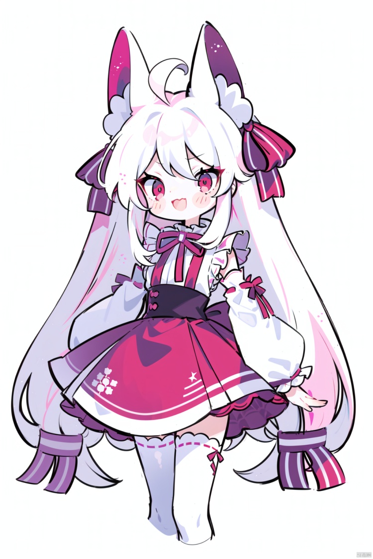 petite,1girl, solo, long hair, looking at viewer, blush, smile, open mouth, skirt, simple background, red eyes, thighhighs, white background, animal ears, very long hair, ahoge, white hair, :d, detached sleeves, japanese clothes, zettai ryouiki, fox ears, ribbon trim, ribbon-trimmed sleeves, pink thighhighs, animal on shoulder