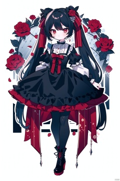 1girl, black_hair, black_legwear, boots, dress, drill_hair, falling_petals, flower, full_body, gothic_lolita, grey_background, high_heels, lolita_fashion, long_hair, pantyhose, petals, red_eyes, red_flower, red_rose, rose, rose_petals, solo, spider_lily, standing, very_long_hair