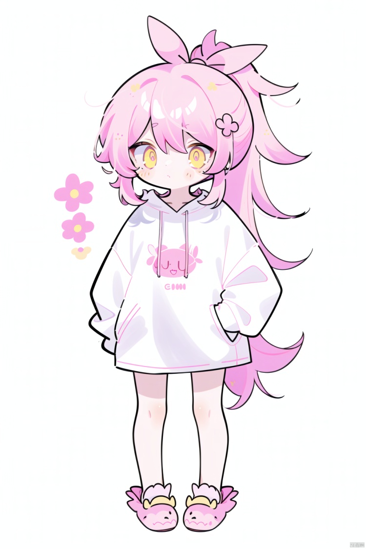 1petite loli, solo.pink hair, long pink hair, (yellow eyes), hair flower, fipped hair, high ponytail, loose over_sized Casual T-shirt, white shirt, hoodie coat, bare legs, slippers;relaxed, one-eye_closed, adjusting hair, looking at viewer, standing.