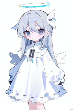 1girl, solo, halo, white background, dress, simple background, grey eyes, long hair, grey hair, long sleeves, sleeves past wrists, white dress, wings