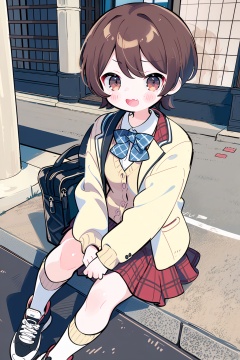 1girl, brown hair, solo, short hair, skirt, brown eyes, bag, open mouth, sitting, headphones, school uniform, smile, shoes, sneakers, blush, socks, jacket, looking at viewer, plaid, blazer