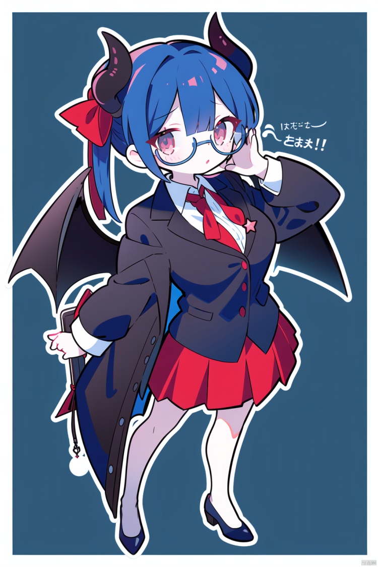 1girl, adjusting_eyewear, bat_wings, bespectacled, black-framed_eyewear, black_footwear, blue_hair, book, breasts, demon_girl, demon_horns, demon_tail, demon_wings, dragon_wings, full_body, glasses, holding_book, horns, large_breasts, long_sleeves, looking_at_viewer, low_wings, red-framed_eyewear, red_eyes, ribbon, semi-rimless_eyewear, shirt, side_slit, skirt, solo, standing, tail, under-rim_eyewear, wings