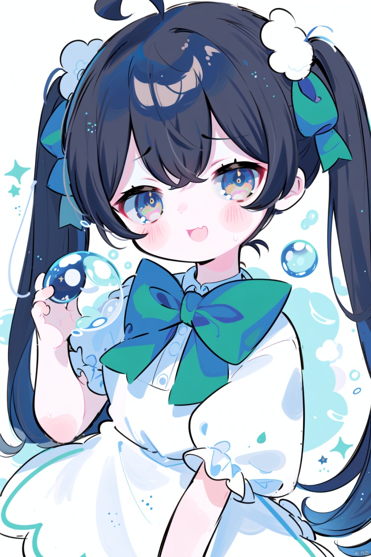 1girl, :d, ahoge, air_bubble, black_hair, blush, bow, brown_eyes, bubble, dress, green_bow, green_bowtie, long_hair, looking_at_viewer, open_mouth, puffy_short_sleeves, puffy_sleeves, sailor_collar, short_sleeves, simple_background, smile, solo, twintails, water, water_drop, white_background, white_dress