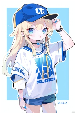 1girl, bangle, bangs, baseball_cap, belt, blonde_hair, blue_bow, blue_headwear, blue_legwear, blue_nails, blue_shorts,