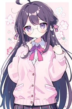 1girl,solo,braid,long hair,brown hair,hair ornament,purple eyes,shirt,ahoge,school uniform,cardigan,floral background,very long hair,pink cardigan,looking at viewer,flower,hairclip,ribbon,sleeves past wrists,off shoulder,plaid,neck ribbon,bangs,red ribbon,plaid skirt,closed mouth,collared shirt,adjusting eyewear,