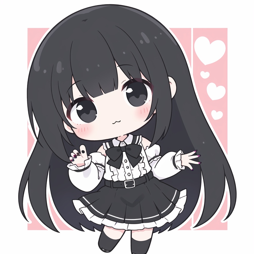 1girl,chibi, solo, long hair, black hair, bangs, looking at viewer, black eyes, frills, blunt bangs, long sleeves, frilled shirt, bow, skirt, frilled sleeves, black skirt, belt, shirt, multicolored hair, head tilt, black bow, heart, tile wall, pink nails, bowtie, closed mouth, upper body, cross-laced clothes, labcoat, black shirt, fingernails, white coat, nail polish, jirai kei <lora:Qtea_add_sugar-fp16:1>