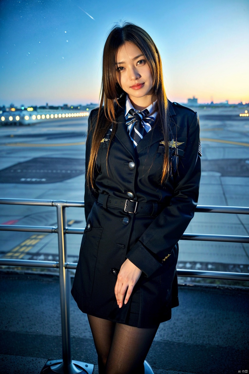 (masterpiece,best quality:1.5), ultra realistic,1girl, long hair, straight hair, portrait, (airport:1.3), (aircraft background:1.5), mysterious,(starry sky, clusters of stars, starry sky, glinting stars), (night, night sky), , goldgirl, uniform, pantyhose