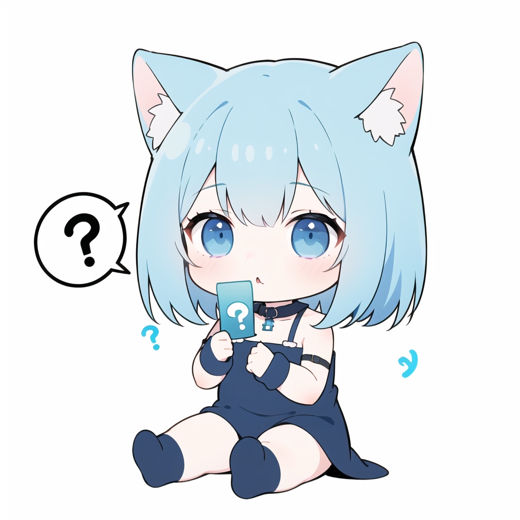 1girl,cat ears,(chibi:1.2),spoken question mark,blue hair<lora:Qtea:1>
