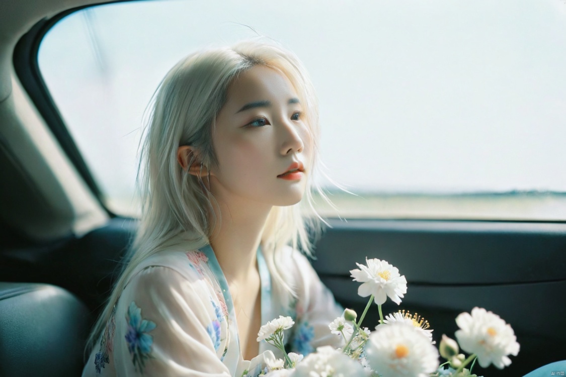  breathtaking ethereal fantasy concept art of cinematic film still,chinese girl,a girl with white hair sitting in car filled with flowers,art by Rinko Kawauchi,in the style of naturalistic poses,vacation dadcore,youth fulenergy,a cool expression,body extensions,flowersin the sky,****og film,super detail,dreamy lofi photography,colourful,covered in flowers andvines,Inside view,shot on fujifilm XT4 . shallow depth of field,vignette,highly detailed,high budget,bokeh,cinemascope,moody,epic,gorgeous,film grain,grainy . magnificent,celestial,ethereal,painterly,epic,majestic,magical,fantasy art,cover art,dreamy,monkren, . award-winning, professional, highly detailed, light master, monkren, sunlight, liu yifei, Cinematic Style