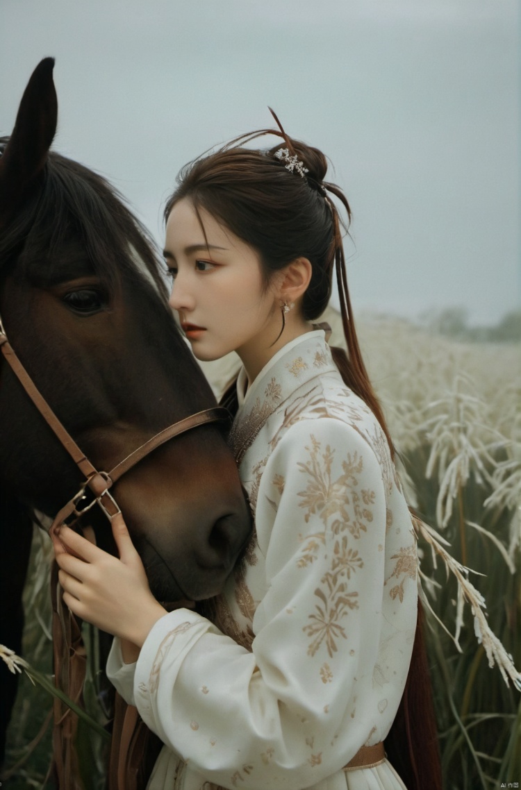  (Filmed by Fuji XS10), (50mm Shima), Twilight photography, cinematic, gloomy sky, gray colors, snowflakes falling, wind effect, reeds swaying, (foreground blurred by blurry reeds and snowflakes, motion blurred: 1.3), a black horse, a girl, a medieval dress with black fluff texture, an elegant brown high ponytail hairstyle, pearl earrings, (girl and horse snuggled together, intimately like friends: 1.3), (snowflakes tightly surrounded them: 1.3), (low saturation, green and brown, gray), side profile Perspective, (Kodak film texture), (rough graininess), dark corners, Tindar effect, emotional photography, elegance, close-up, realistic style, Cinematic Style
