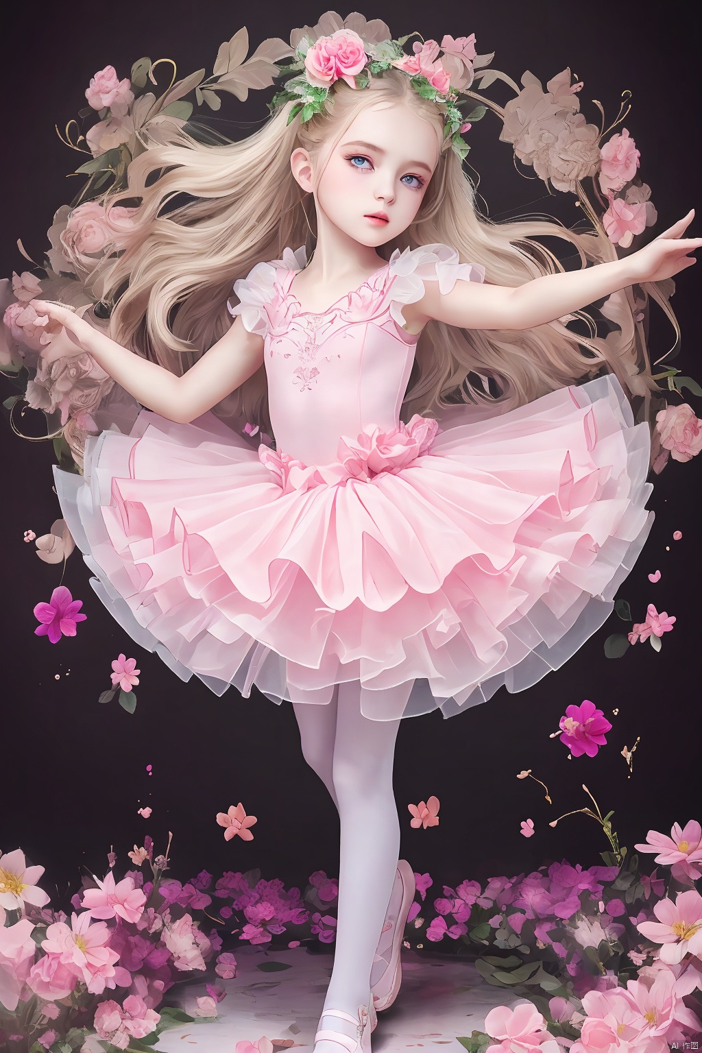  high quality body photography of a young girl, Russian girl, 1girl, 17yo, long hair, floral LeotardGirl, LaceSkirt, detailed hair ornament,beautiful detailed eyes,beautiful and aesthetic,super high resolution,Vivid colors, Vivid colors, Sharp focus, Physically-based rendering,[[fullbody]],