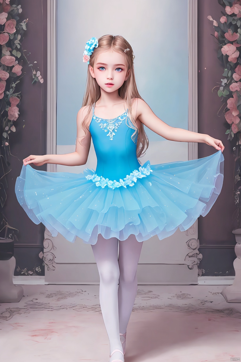 high quality body photography of a young girl, Russian girl, 1girl, 17yo, long hair, floral LeotardGirl, LaceSkirt, detailed hair ornament,beautiful detailed eyes,beautiful and aesthetic,super high resolution,Vivid colors, Vivid colors, Sharp focus, Physically-based rendering,[[fullbody]],