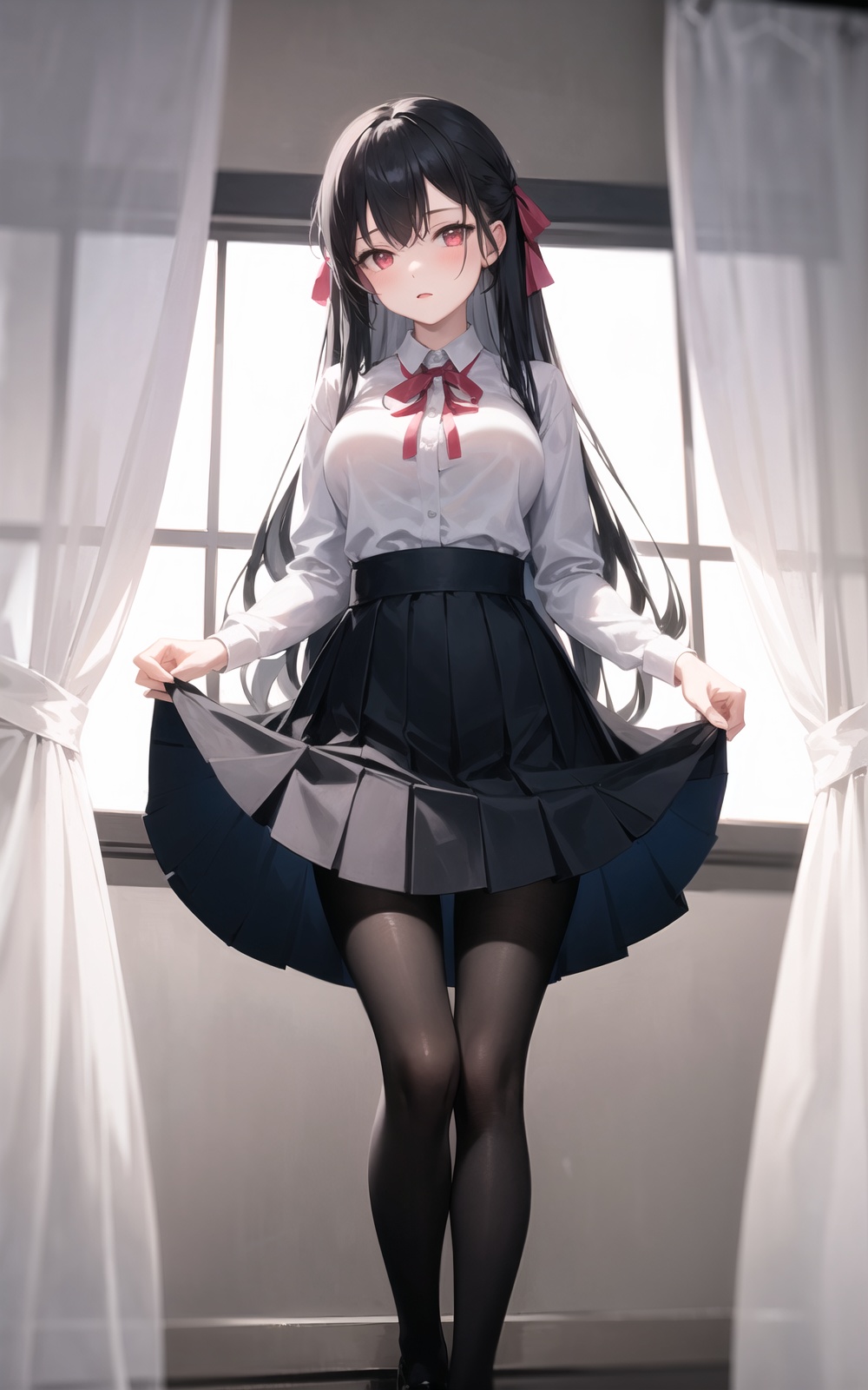 1girl,long_hair,solo,skirt,black_hair,breasts,red_eyes,black_legwear,shirt,very_long_hair,pleated_skirt,bow,white_shirt,hair_ribbon,ribbon,standing,full_body,curtains,pantyhose