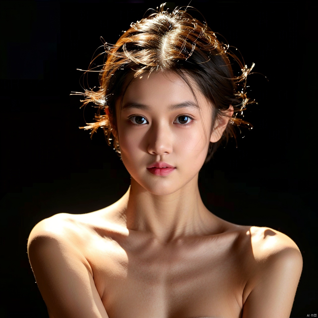  1girl,solo,upper body,short hair,in the dark,naked,deep shadow,reflection light,depth of field,black background,simple background,( chiaroscuro,Fujicolor, UHD, super detail ,raw,85mm,f/1.2,FujifilmXT4,)