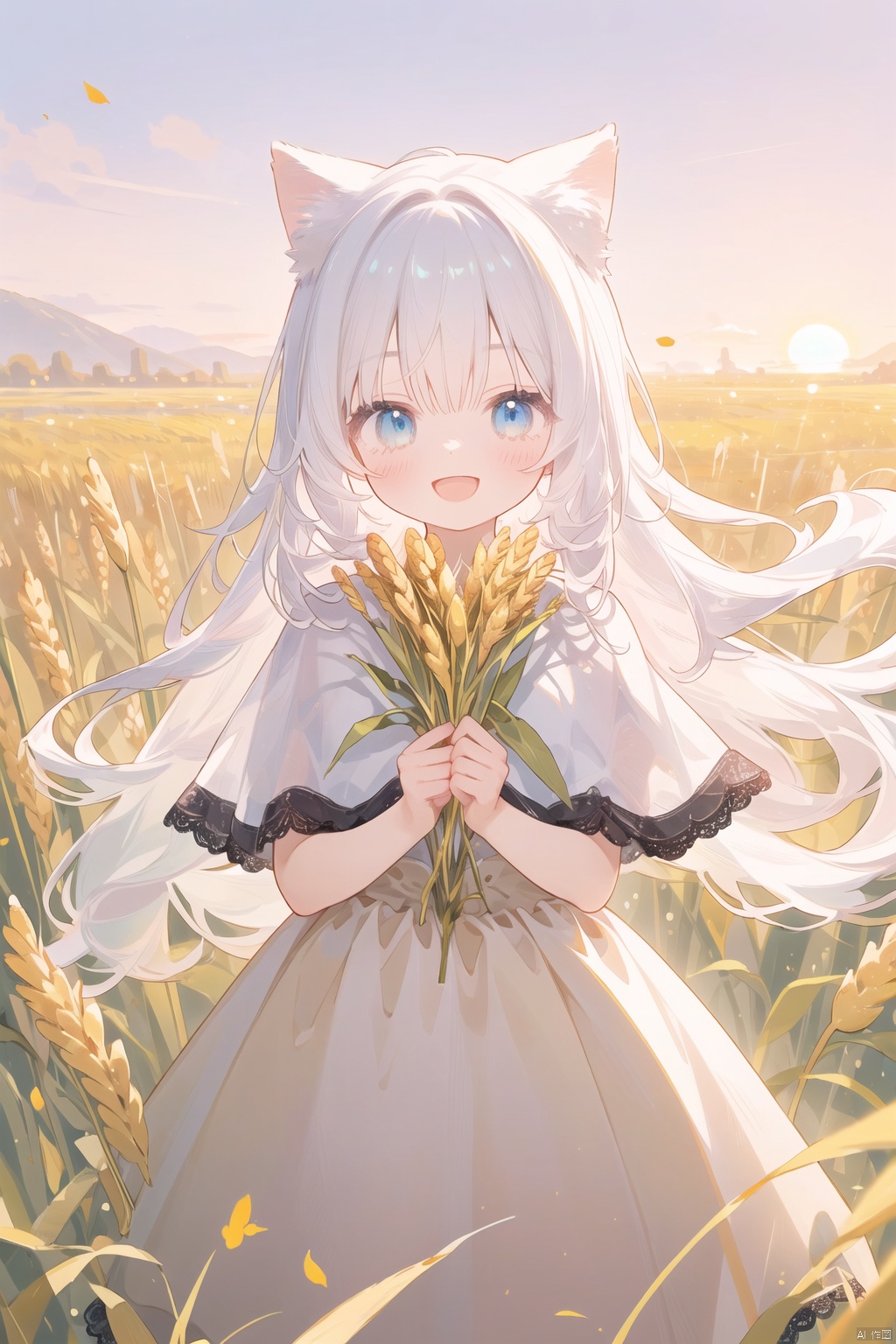  (drawn by Lynn Okamoto),center frame, sharp focus, (panorama, wide shot), best quality, masterpiece, extremely detailed, detailed background, (from above:1.2), 1girl, catgirl,solo,loli,blue eyes,white hair, closed one eye, smile, open mouth, skirt, long hair, wavy hair, on side, fluffy hair, , french , blush, smile, capelet, lace trim, bodice, sunset, long dress, dusk, scenery, gold sky, high place, horizon, wheat field, wheat ears, wind, wind blow, looking at viewer, (depth of field), bokeh, (holding a flower:1.3), (holding:1.2),(medium):0.5,
