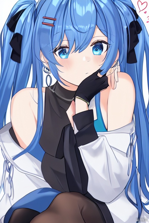 1girl, pink hair, twintails, solo, heart, blue eyes, multicolored hair, blush, hair ornament, looking at viewer, gloves, long hair, blue hair, fingerless gloves, streaked hair, closed mouth, sitting, black gloves, virtual youtuber, spoken heart, head rest, white pantyhose, long sleeves, bangs, hair bow, hair between eyes, hairclip, pantyhose, earrings, two-tone hair, bare shoulders, x hair ornament