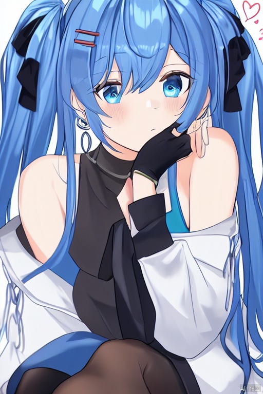 1girl, pink hair, twintails, solo, heart, blue eyes, multicolored hair, blush, hair ornament, looking at viewer, gloves, long hair, blue hair, fingerless gloves, streaked hair, closed mouth, sitting, black gloves, virtual youtuber, spoken heart, head rest, white pantyhose, long sleeves, bangs, hair bow, hair between eyes, hairclip, pantyhose, earrings, two-tone hair, bare shoulders, x hair ornament