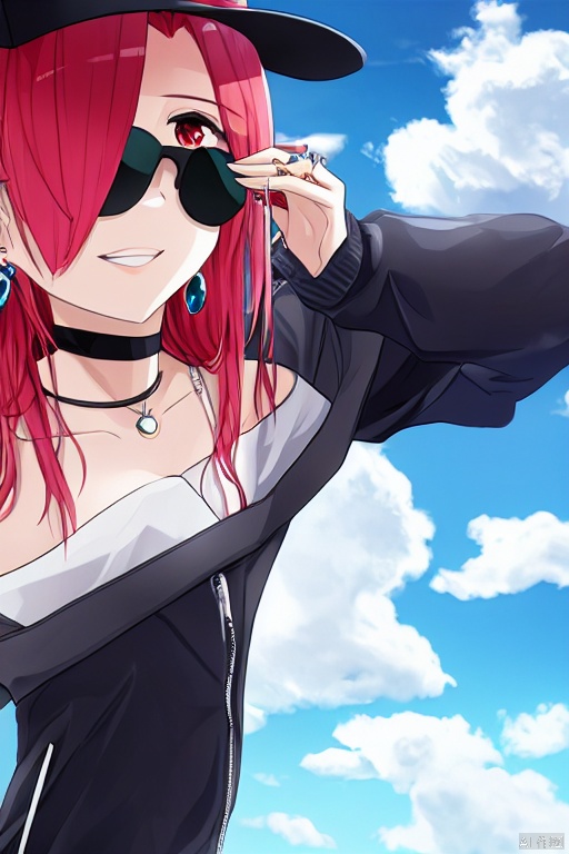 (best quality, masterpiece, ultra detailed), 1girl,solo,baseball cap,looking at viewer,smile,sunglasses,jewelry,red hair,multicolored hair,red eyes,choker,earrings,piercing,upper body,parted lips,jacket,off shoulder,ear piercing,black choker,necklace,bare shoulders,long hair,shirt,bangs,sky,streaked hair,hair over one eye,cloud,