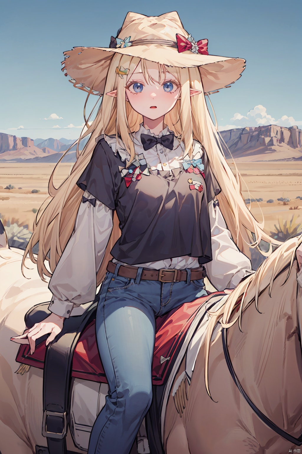  1girl,tumbleweed,Desert,solo,hat,woman focus,riding,jeans,horse, cowboy hat, horseback riding, cowboy western,hair bow, bow, blonde hair, long hair, pointy ears, hair ornament, black bow, bangs, parted bangs, hair flower, blue eyes,