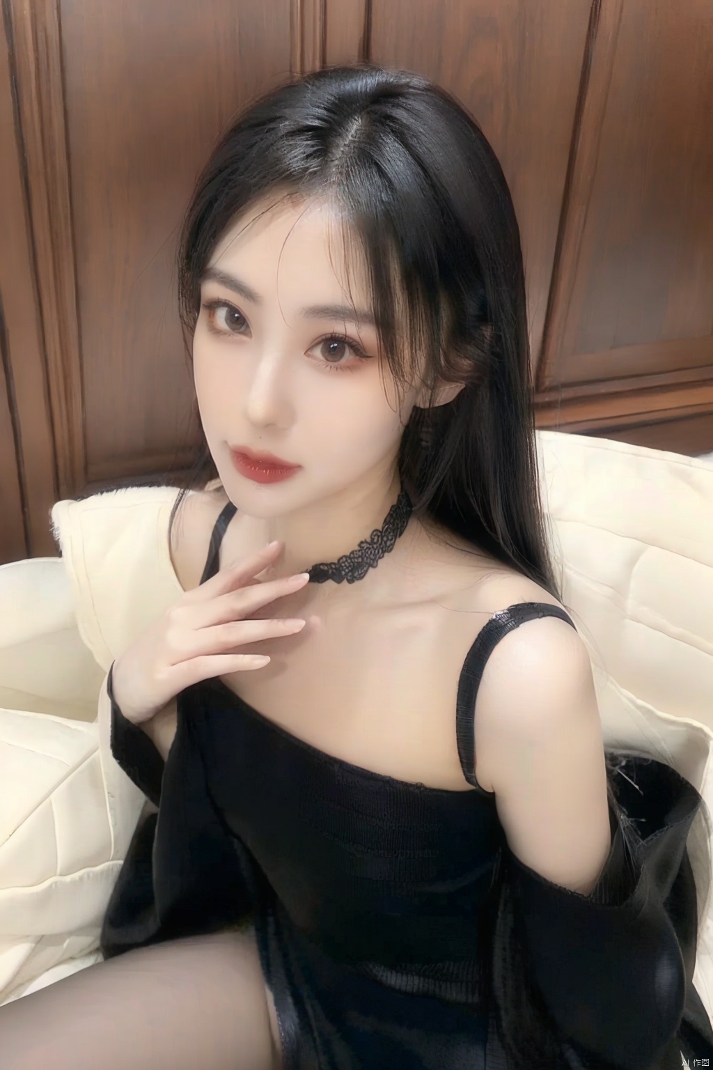  
 8k, masterpiece, best quality, highly detailed, 

1girl, solo, alluring makeup, earrings, a nevus near right eye, ogling at viewer, blushing, {(Flirting naughty face, (fluttered eyelashes:1.3), (sexual suggestion expression, messy bangs, (flushed with desire:1.3), flirtatious glance(eyes brimming with allure:1.2))}, 

smooth lines, 

( sexy body, (large breasts, distinctly defined waist),{(from above),(Wariza:1.7)}, 

blackpantyhose(digging into thighs), girl,