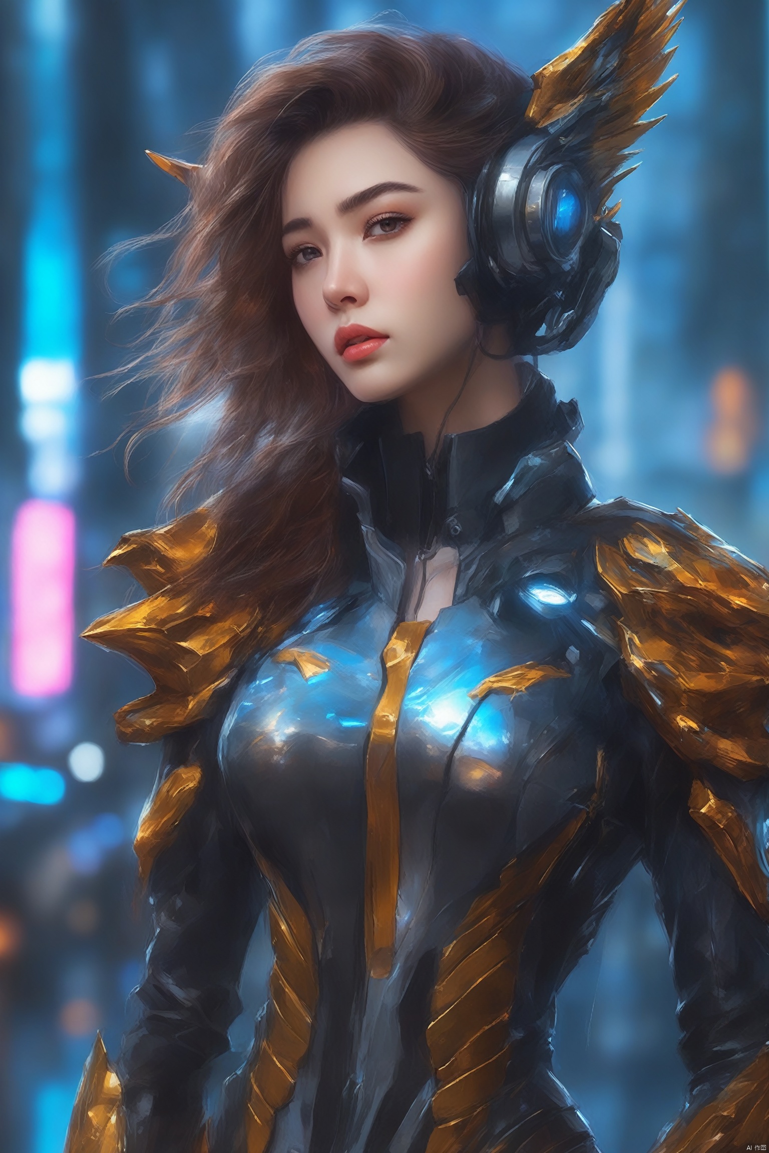 {{master piece}},best quality,illustration,1girl,small breast,beatiful detailed eyes,beatiful detailed cyberpunk city,flat_chest,beatiful detailed hair,wavy hair,beatiful detailed steet,mecha clothes,robot girl,cool movement,sliver bodysuit,{filigree},dargon wings,colorful background,a dragon  stands behind the girl,rainy days,{lightning effect},beatiful detailed sliver dragon arnour,(cold face),