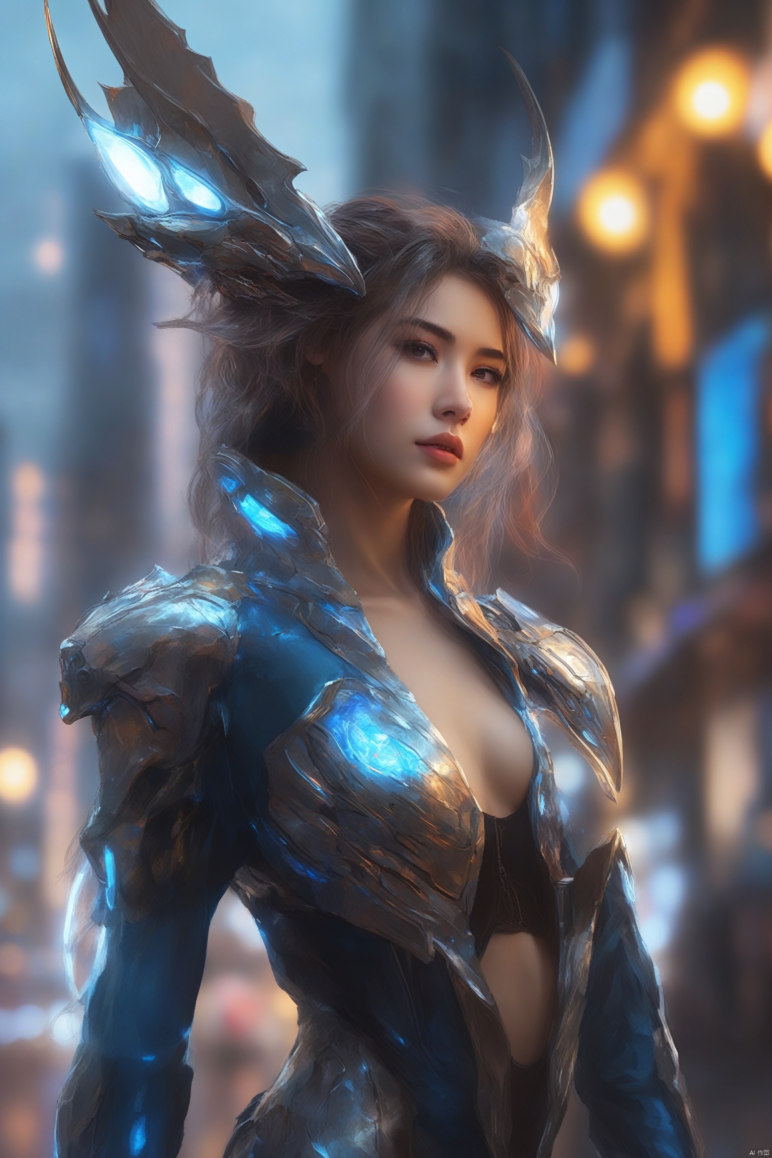 {{master piece}},best quality,illustration,1girl,small breast,beatiful detailed eyes,beatiful detailed cyberpunk city,flat_chest,beatiful detailed hair,wavy hair,beatiful detailed steet,mecha clothes,robot girl,cool movement,sliver bodysuit,{filigree},dargon wings,colorful background,a dragon  stands behind the girl,rainy days,{lightning effect},beatiful detailed sliver dragon arnour,(cold face),