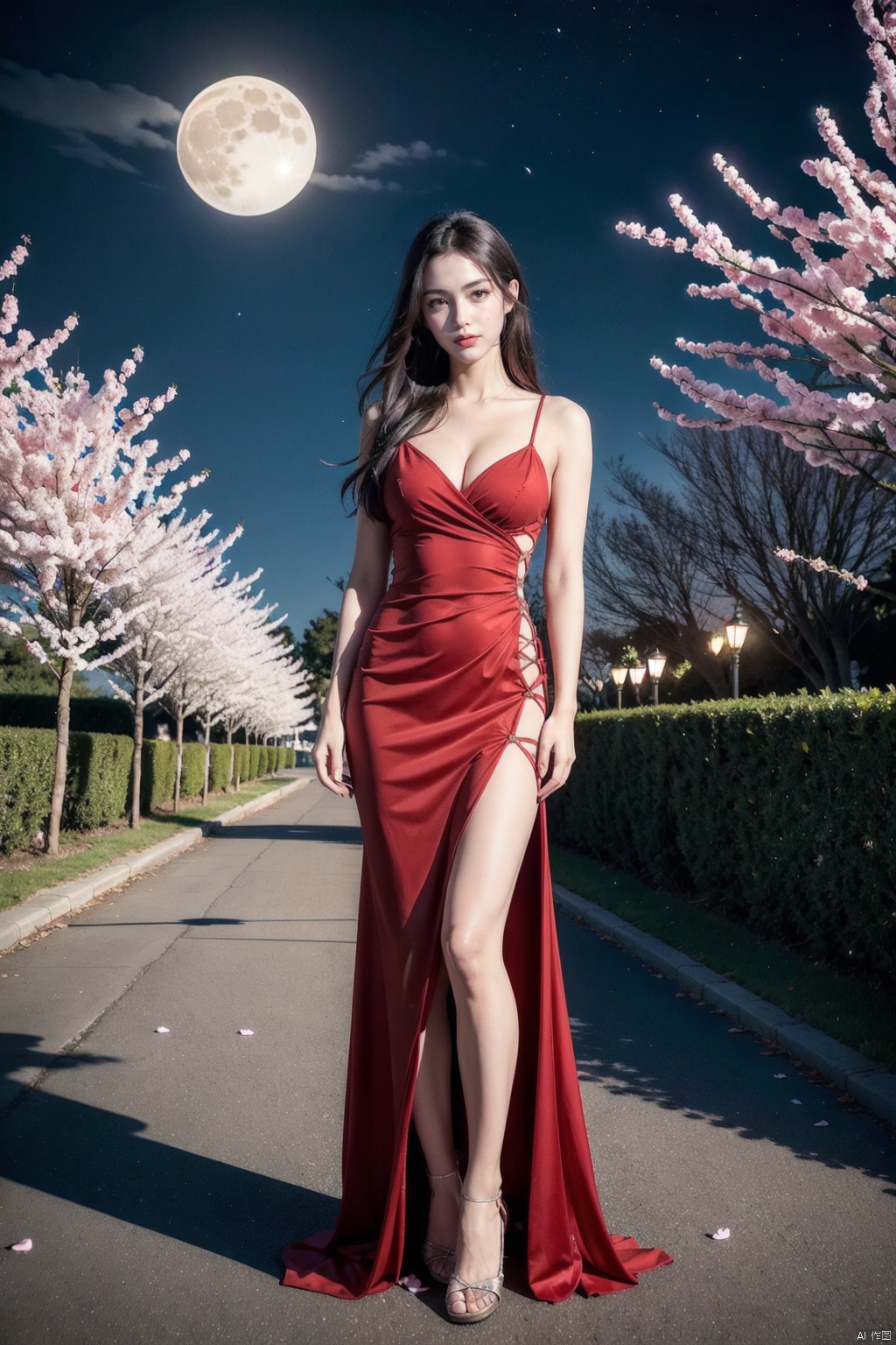  (RAW photo, best quality, masterpiece:1.2),(super realistic, photo-realistic:1.3),ultra-detailed,extremely detailed cg 8k wallpaper,skin gloss,light persona,flawless,clean,professional artwork,famous artwork,perfect face,beautiful face,(crystalstexture skin:1.2),(extremely delicate and beautiful),cherry blossoms,cloud,full moon,looking at viewer,moon,moonlight,night,night sky,outdoors,petals,blue moon,rose petals,sky,star sky,starry sky,sun,1girl,solo,very long hair,(full body:1.6),(pov:1.2),standing,mdsh-hd,mdshyf-hd,red dress,clothing cutout,breasts ouT,cleavage:1.6 ,looking at viewer