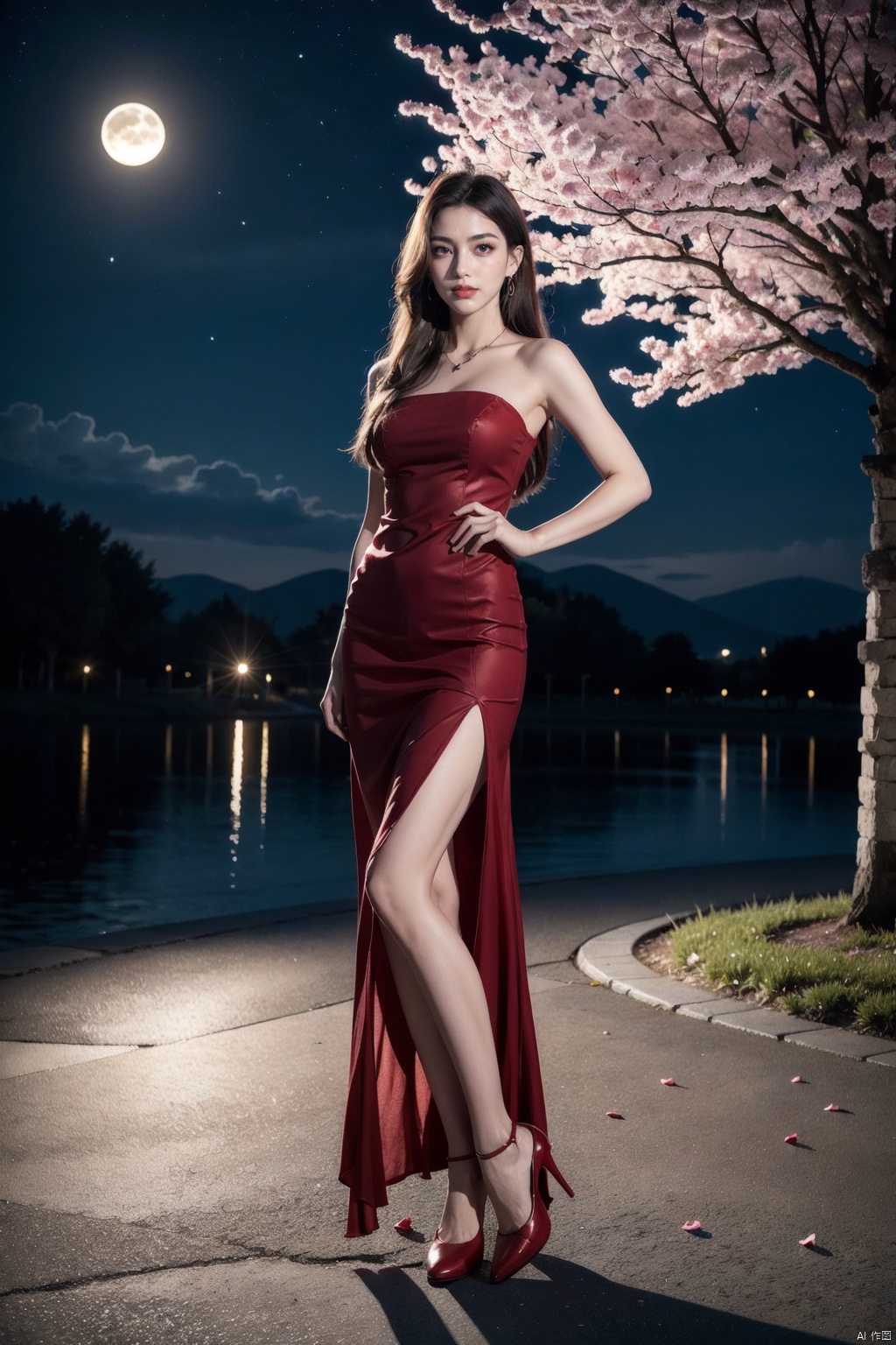  (8k, RAW photo, masterpiece:1.2),solo,(super realistic, photo-realistic:1.3),ultra-detailed,extremely detailed cg 8k wallpaper,hatching (texture),skin gloss,light persona,(crystalstexture skin:1.2),(extremely delicate and beautiful),(full body:1.4),(cherry blossoms, cloud, full moon, looking at viewer, moon, moonlight, night, night sky, outdoors, petals, blue moon, rose petals, sky, star sky, starry sky, sun),1girl,very long hair,red dress,(red eyes),long dress,bare shoulders,( pov:1.2),makeup,jewelry,earrings,necklace,(eyelashes:1.2),seductive smile,makeup,Tall figure,slender long legs,black_pantyhose,red footwear,high heels, thighhighs, standing,lumbar girdle,(cowboy shot),looking_at_viewer,