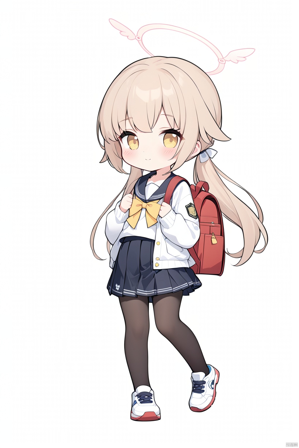  1girl,(masterpiece:1.3),( beautiful:1.2),(high quality:1.2),(finely detailed:1.2),extremely detailed CG unity 8k wallpaper,best quality,a very delicate and beautiful,perfect fingers,(one cute girl at the center:1.2), BASD, chibi,(two-headed body),cute,
hifumiBA,long hair,skirt,twintails,school uniform,yellow eyes,weapon,pantyhose,pleated skirt,shoes,serafuku,sailor collar,bag,black pantyhose,lowtwintails,halo,stuffedtoy,lightbrownhair,backpack,sneakers,hifumi\(bluearchive\),

