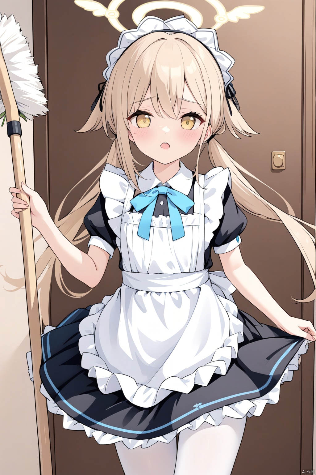  1girl,(masterpiece:1.3),( beautiful:1.2),(high quality:1.2),(finely detailed:1.2),extremely detailed CG unity 8k wallpaper,best quality,a very delicate and beautiful,perfect fingers,(one cute girl at the center:1.2),hifumiBA, halo,
hifumiBA,long hair,twintails,yellow eyes,pantyhose,lowtwintails,lightbrownhair,hifumi\(bluearchive\),
alternate costume,apron,maid,maid headdress,alternate hairstyle,maid apron,broom,white pantyhose,aliceMaid
