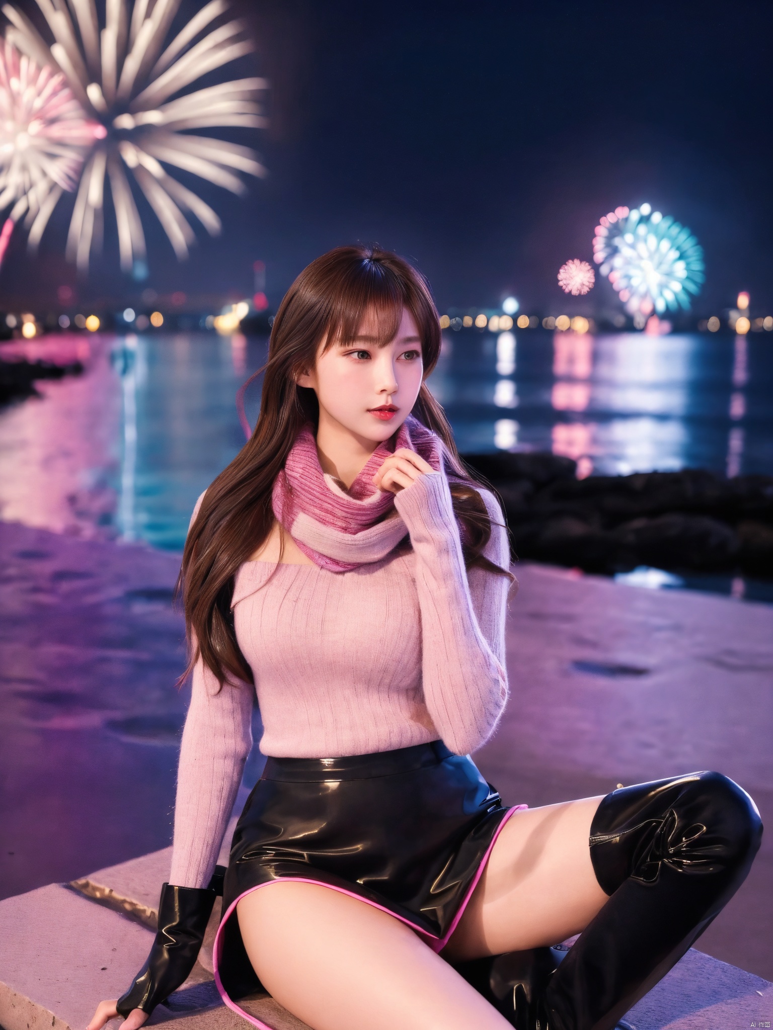  1girl,fashion model,female focus,(masterpiece, realistic, best quality, highly detailed, profession),asian,pretty,Charming eyes,exquisite facial features,bangle,sweater,scarf,skirt,black stockings,boots,sitting,night,neon,beach of city,new year,cinematic composition,,blurry,plns,sw, fireworks, hand101