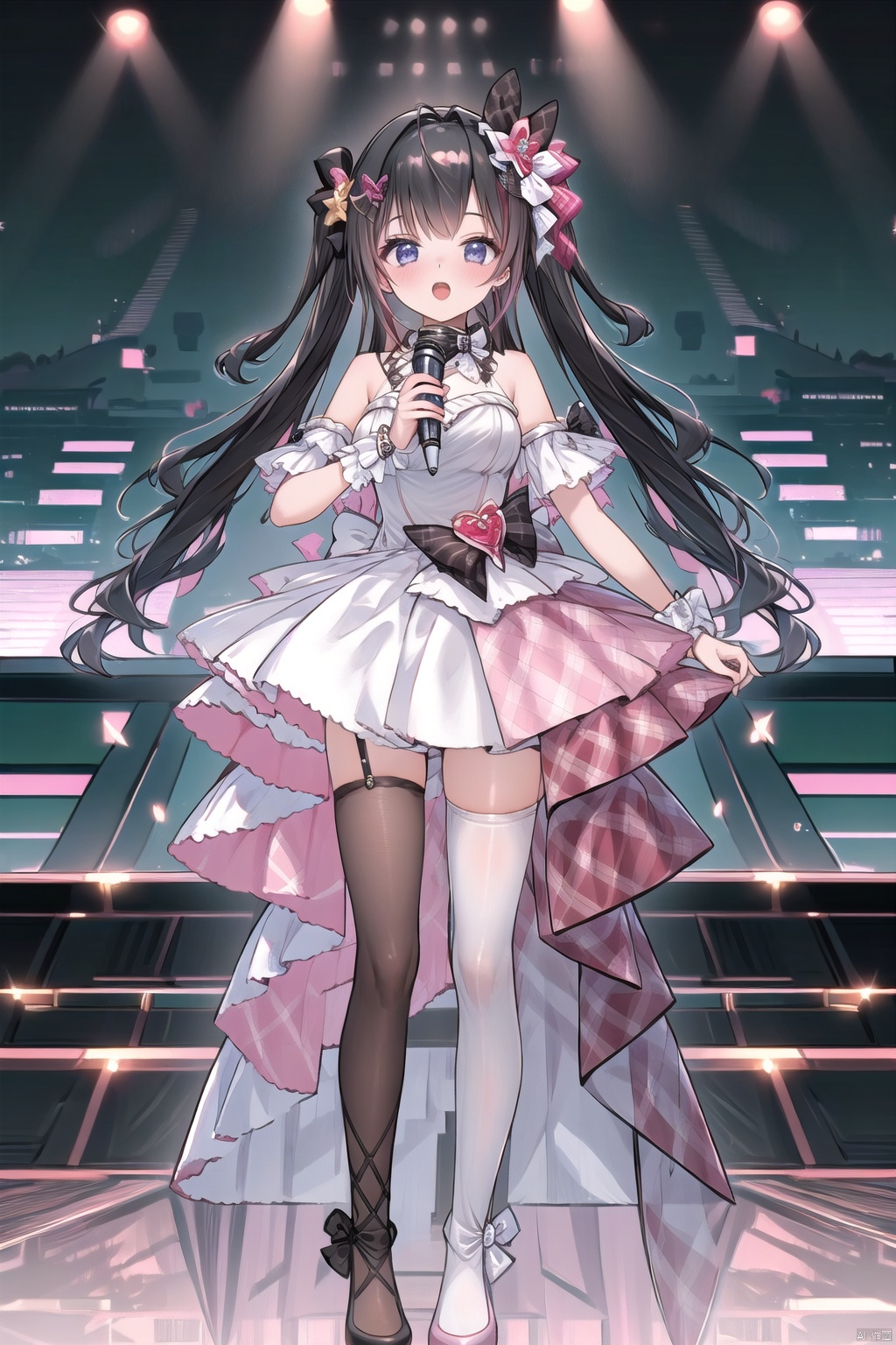 1girl, black-hair, hair ornament, headpiece, hair bow, bow, pink streaked hair, dress shoes, dress suit, high heels, silk socks, ((the right socks is black)), the right high heels is pink, the left high heels is white, garter socks, lace, idol, pink and white dress, neck_bow, socks bow, big bow, plaid skirt, purple_eyes, curly hair, lovely, ribbon socks, ((stage)), ((vocal concert)), ((spotlight)), (singing), (shining), ((audience)), ((asymmetrical colour socks)), ((shiny rod)), Lovely, ((black ribbon)), (black socks), ((microphone))
