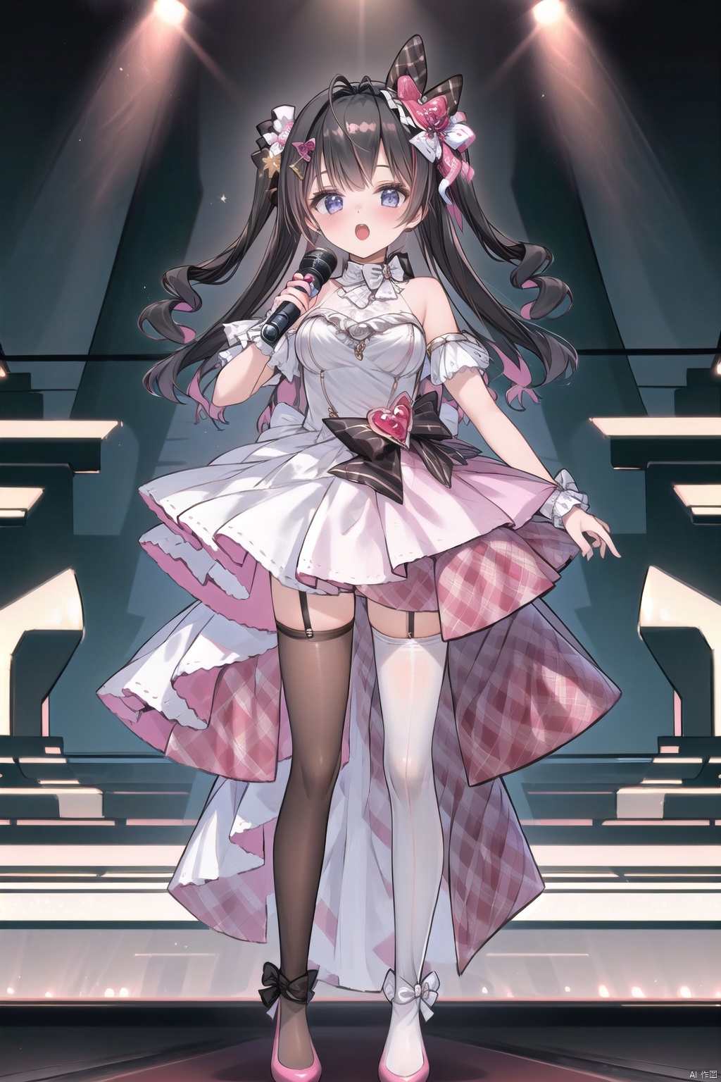  1girl, black-hair, hair ornament, headpiece, hair bow, bow, pink streaked hair, dress shoes, dress suit, high heels, silk socks, ((the right socks is black)), the right high heels is pink, the left high heels is white, garter socks, lace, idol, pink and white dress, neck_bow, socks bow, big bow, plaid skirt, purple_eyes, curly hair, lovely, ribbon socks, ((stage)), ((vocal concert)), ((spotlight)), (singing), (shining), ((audience)), ((asymmetrical colour socks)), ((shiny rod)), Lovely, ((black ribbon)), (black socks), ((microphone))