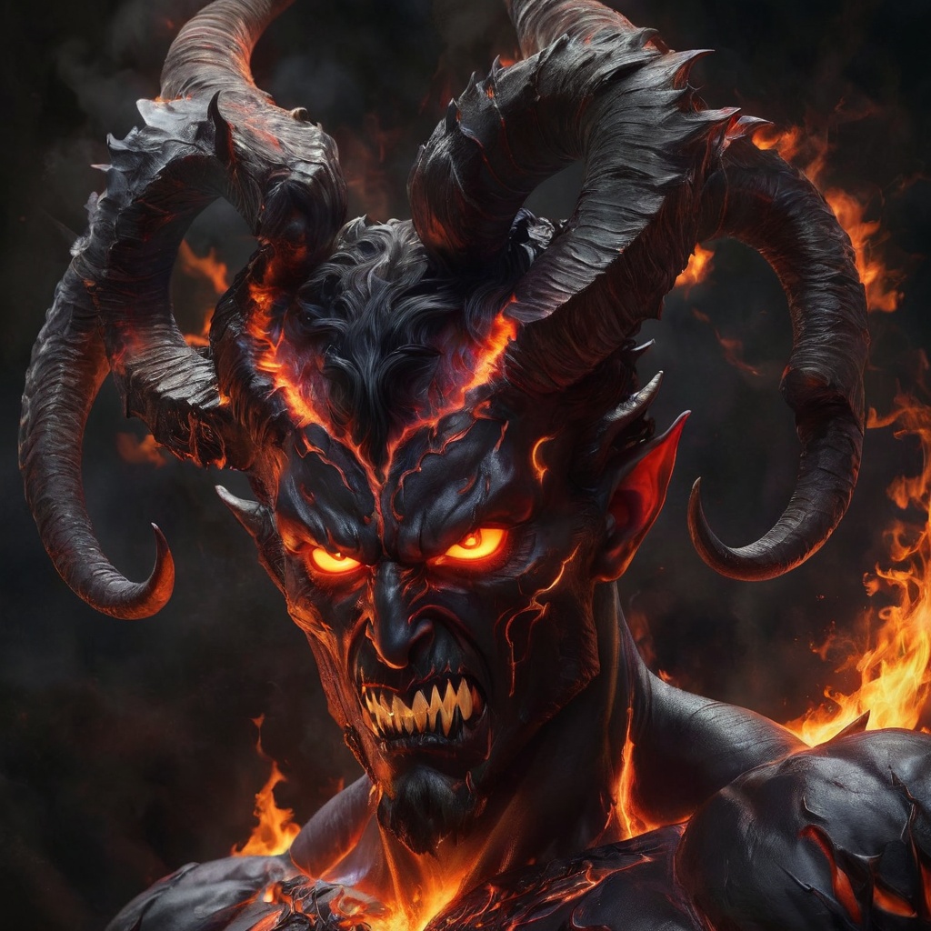 Generate hyper realistic image of he devil,  with fiery red skin that seems to glow with an internal inferno,  radiating a...