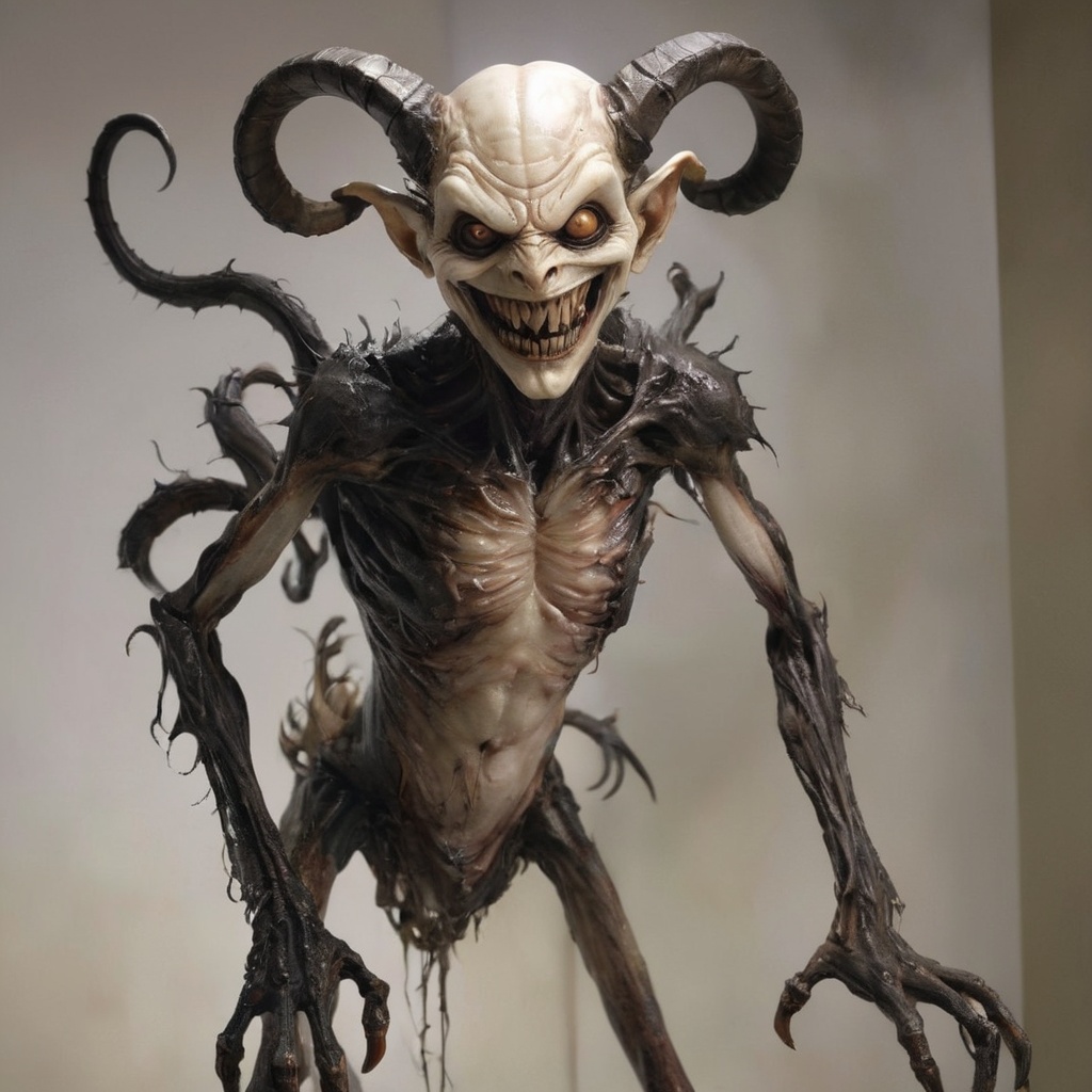 Generate hyper realistic image of a cute yet unsettling demon with a pale,  porcelain-like complexion,  long on Tensor.Art