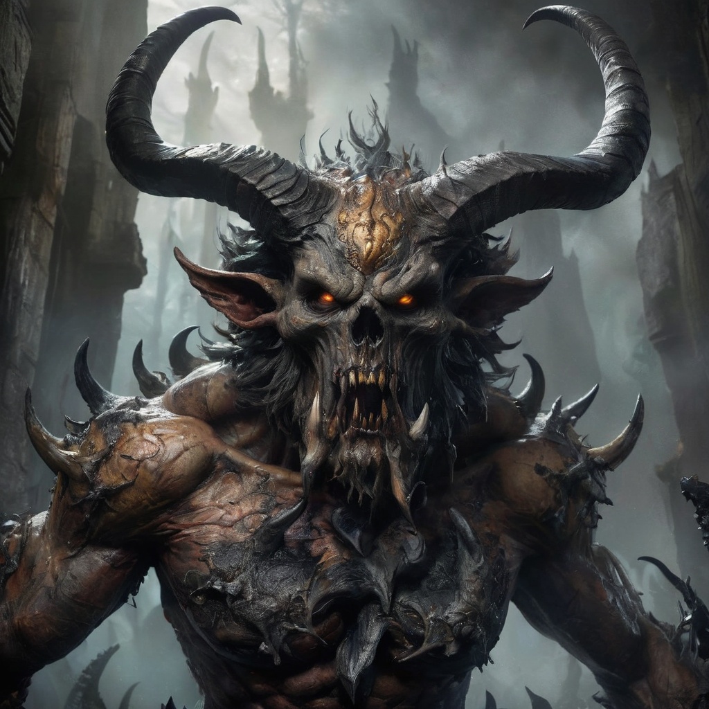 Generate hyper realistic image of a hellish creature that embodies the darkest depths of the underworld. Explore its grote...