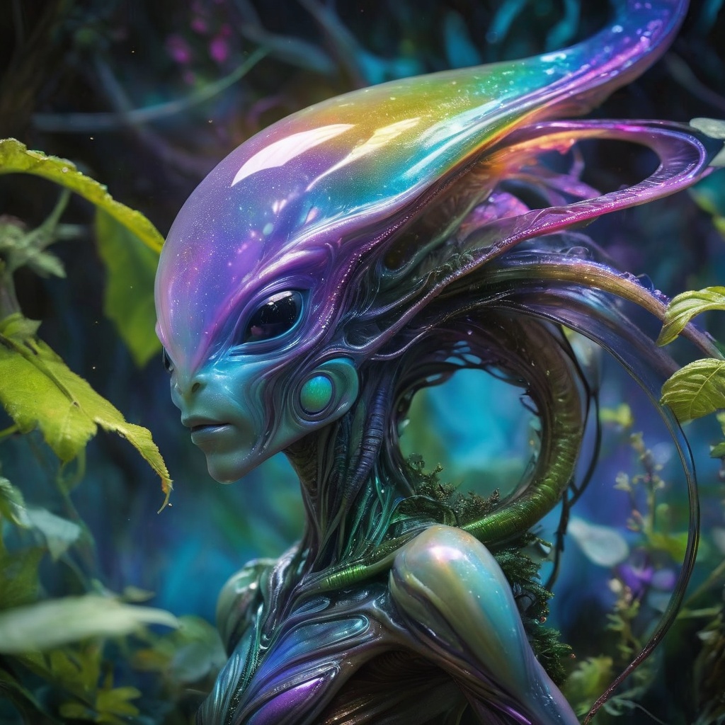 Generate hyper realistic image of an ethereal acid alien with iridescent,  luminescent skin,  delicate tendrils that emit...