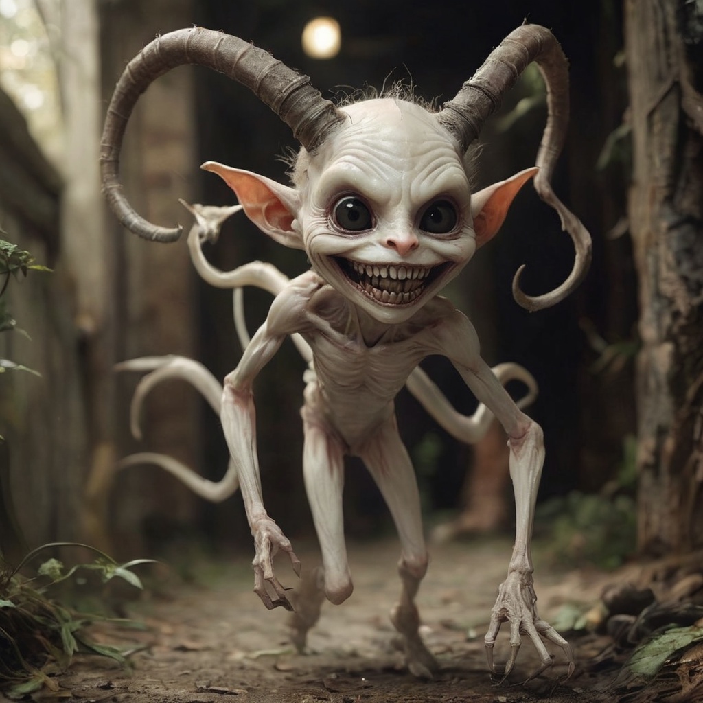 Generate hyper realistic image of a cute yet unsettling demon with a pale,  porcelain-like complexion,  long on Tensor.Art