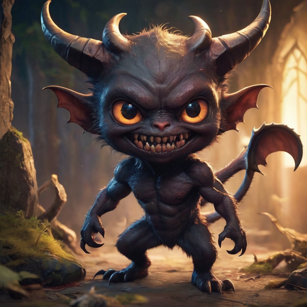Generate hyper realistic image of a small,  adorable demon with big,  innocent eyes and a creepy smile on Tensor.Art