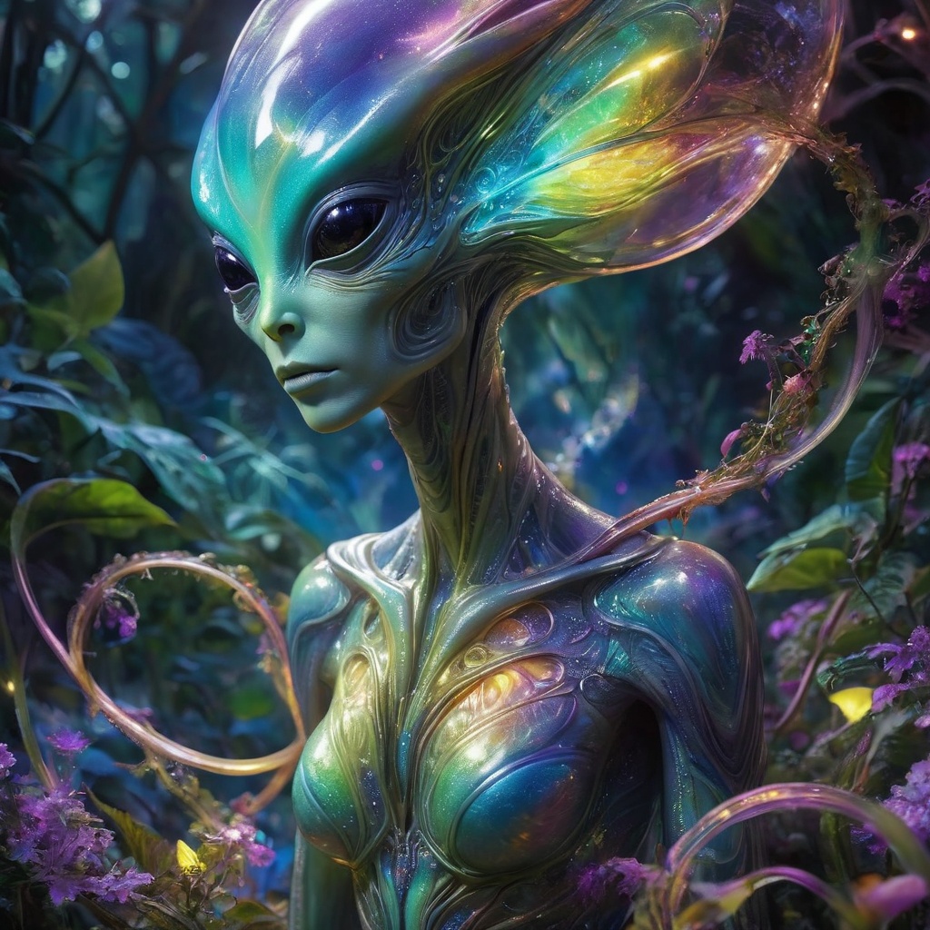 Generate hyper realistic image of an ethereal acid alien with iridescent,  luminescent skin,  delicate tendrils that emit...