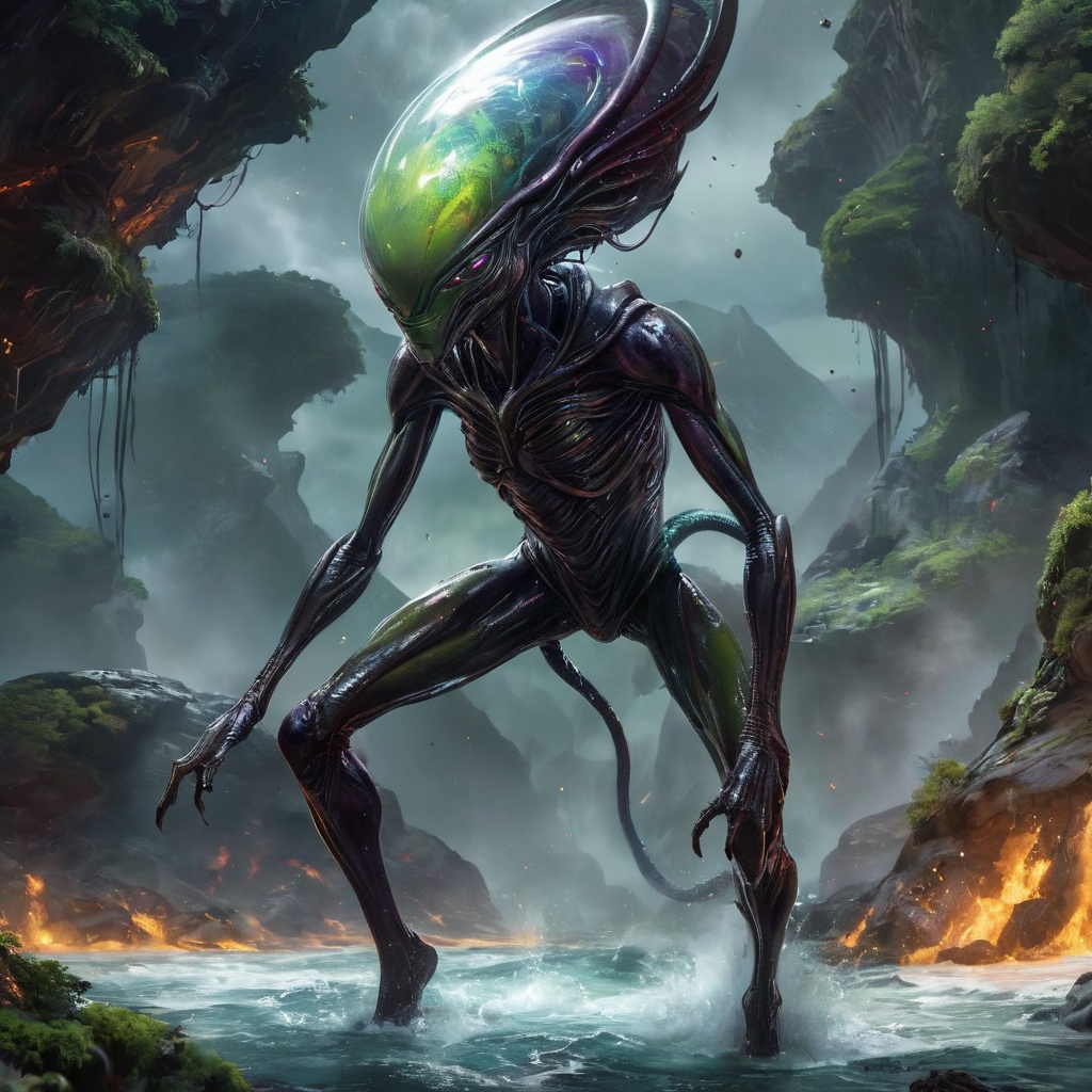 Generate hyper realistic image of a shape-shifting acid alien,  possessing a fluid form that seamlessly melds with the eve...