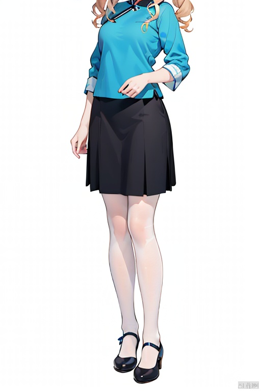  1girl, solo, blonde, twintail, full body, simple background, breast, (white background), minguo_school_uniform, ((black)) long skirt, shoes, blue shirt,