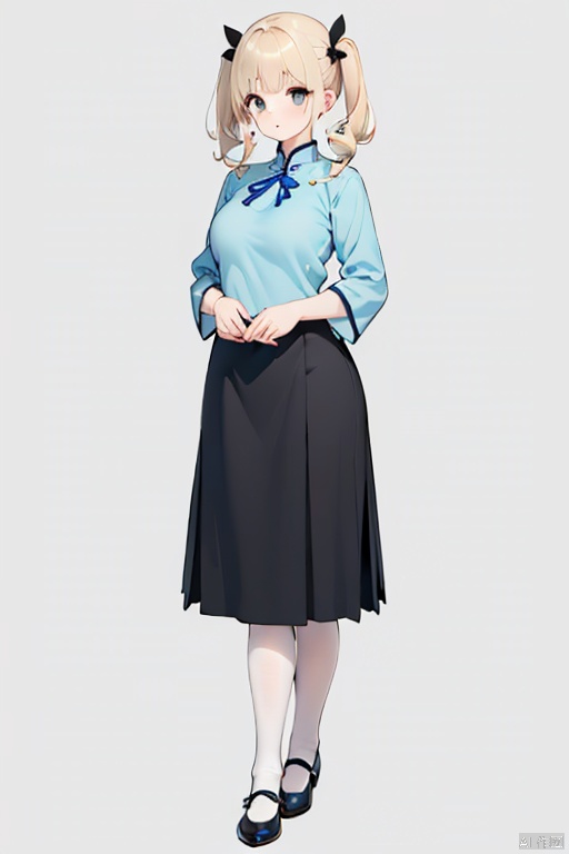  1girl, solo, blonde, twintail, full body, simple background, breast, (white background), minguo_school_uniform, ((black)) long skirt, shoes, blue shirt,