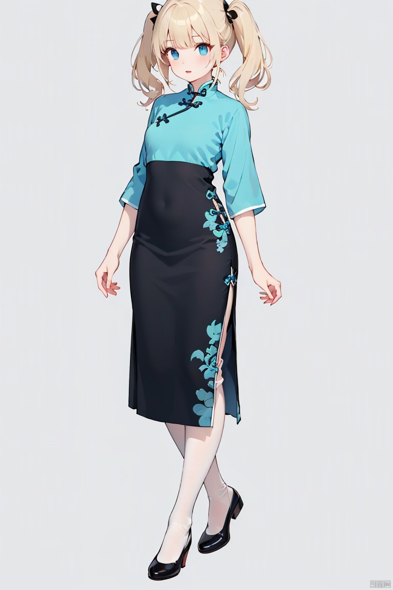  1girl, solo, blonde, twintail, full body, simple background, white background, minguo_school_uniform, black long skirt, shoes, blue blouse, Chinese dress,
