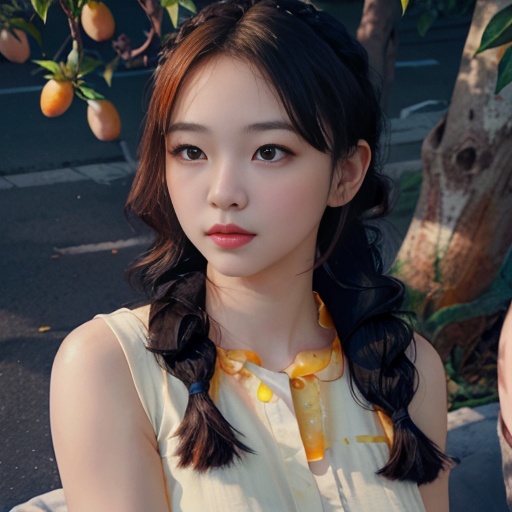 <lora:CLM-23-1.5-TUSI.lora:1>,((masterpiece)),best quality,perfect anatomy,(1girl, solo focus:1.4),pov,looking at viewer,flower trim,(outdoor, sunlight:1.2),(shiny skin:1.3),(motherhood, aged up, mature female, medium breasts:1.2),(curvy:1.1),(single side braid:1.2),(long hair with queue and braid, disheveled hair, hair scrunchie, tareme:1.2),(light Ivory hair:1.2),looking at viewer,Calm,Slight smile,(orange fruits, citrus fruit, citrus fruit bearing tree:1.4),volumetric lighting,good lighting,masterpiece,best quality,highly detailed,extremely detailed cg unity 8k wallpaper,illustration,((beautiful detailed face)),best quality,(((hyper-detailed ))),high resolution illustration,high quality,highres,sidelighting,((illustrationbest)),highres,illustration,absurdres,hyper-detailed,intricate detail,perfect,high detailed eyes,perfect lighting,(extremely detailed CG:1.2)