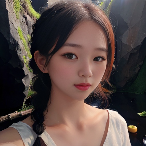 <lora:CLM-23-1.5-TUSI.lora:1>,((masterpiece)),best quality,perfect anatomy,(1girl, solo focus:1.4),pov,looking at viewer,flower trim,(outdoor, sunlight:1.2),(shiny skin:1.3),(motherhood, aged up, mature female, medium breasts:1.2),(curvy:1.1),(single side braid:1.2),(long hair with queue and braid, disheveled hair, hair scrunchie, tareme:1.2),(light Ivory hair:1.2),looking at viewer,Calm,Slight smile,(anemic, dark, lake, river,puddle, Meadow, rock, stone, moss, cliff, white flower, stalactite, Godray, ruins, ancient, eternal, deep ,mystic background,sunlight,plant,lily,white flowers, Abyss, :1.2),(orange fruits, citrus fruit, citrus fruit bearing tree:1.4),volumetric lighting,good lighting,masterpiece,best quality,highly detailed,extremely detailed cg unity 8k wallpaper,illustration,((beautiful detailed face)),best quality,(((hyper-detailed ))),high resolution illustration,high quality,highres,sidelighting,((illustrationbest)),highres,illustration,absurdres,hyper-detailed,intricate detail,perfect,high detailed eyes,perfect lighting,(extremely detailed CG:1.2)